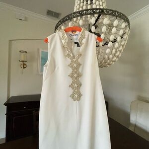 Jessica Howard White Sleeveless Dress with Gold Embroidery